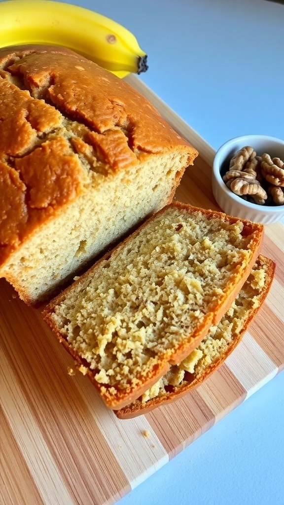Classic Banana Bread Recipe A loaf of banana bread sliced on a cutting board with ripe bananas and walnuts.